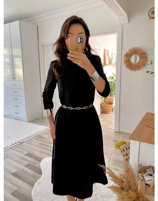 Kadın Uzun Truvakar Kol Bisiklet Yaka Midi Modal Elbise