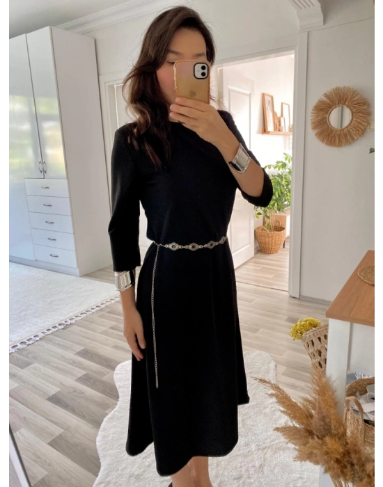 Kadın Uzun Truvakar Kol Bisiklet Yaka Midi Modal Elbise