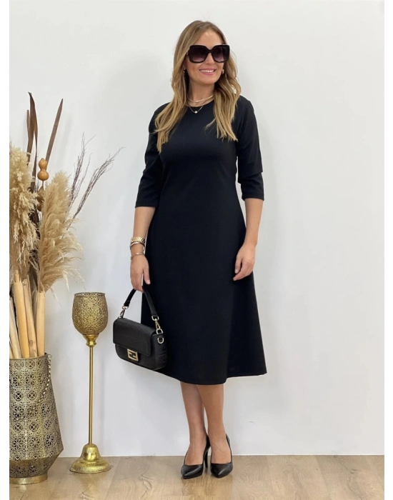 Kadın Uzun Truvakar Kol Bisiklet Yaka Midi Modal Elbise