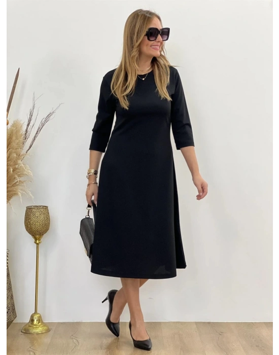 Kadın Uzun Truvakar Kol Bisiklet Yaka Midi Modal Elbise