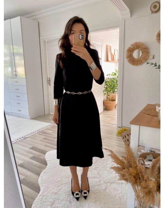 Kadın Uzun Truvakar Kol Bisiklet Yaka Midi Modal Elbise