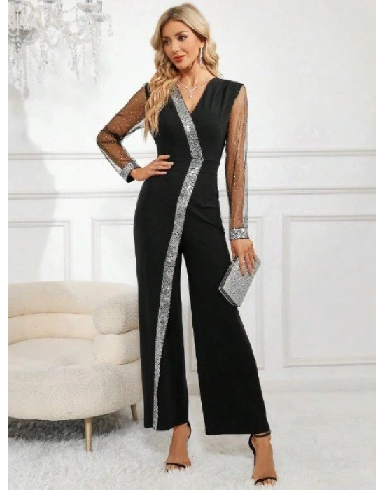 Kadın Uzun V Yakalı önden Pulpayet Detaylı Tüllü Uzun Ithal Krep Tulum