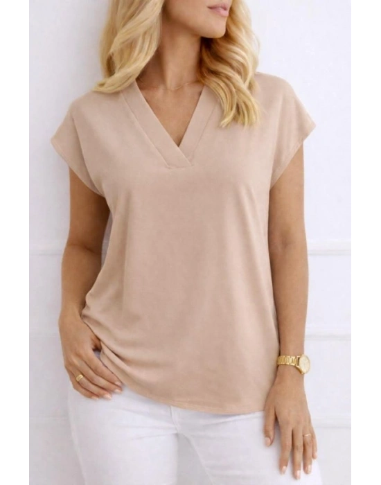 Kadın V Yaka Kısa Kol Dokuma Viskon Kumaş Bluz