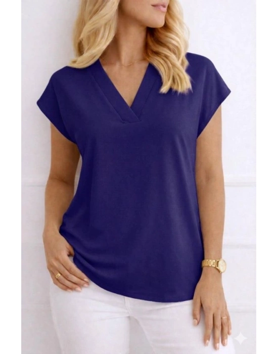 Kadın V Yaka Kısa Kol Dokuma Viskon Kumaş Bluz