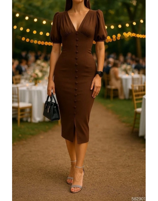 Kadın V Yaka Önü Düğmeli Sırt Pencere Dekolte Elbise