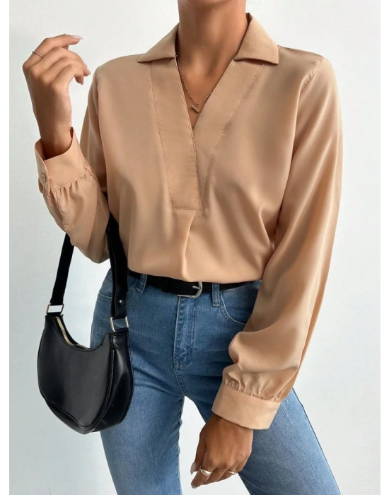 Kadın V Yaka Uzun Kollu Mosskrep Kumaş Bluz