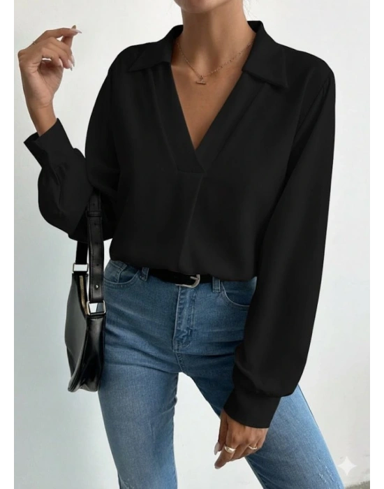 Kadın V Yaka Uzun Kollu Mosskrep Kumaş Bluz