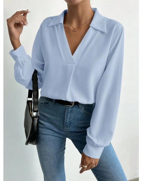 Kadın V Yaka Uzun Kollu Mosskrep Kumaş Bluz