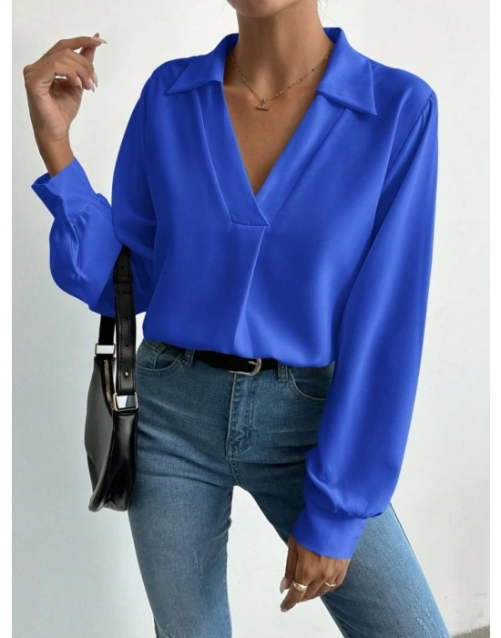 Kadın V Yaka Uzun Kollu Mosskrep Kumaş Bluz