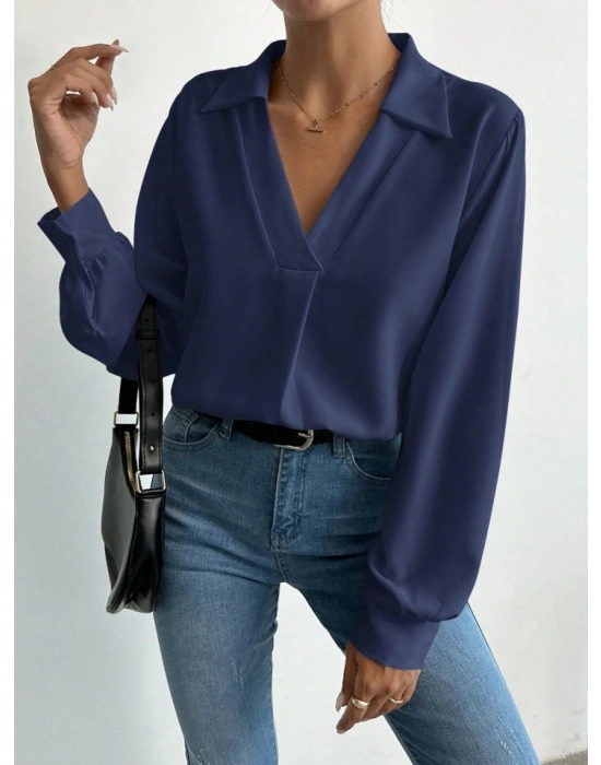 Kadın V Yaka Uzun Kollu Mosskrep Kumaş Bluz