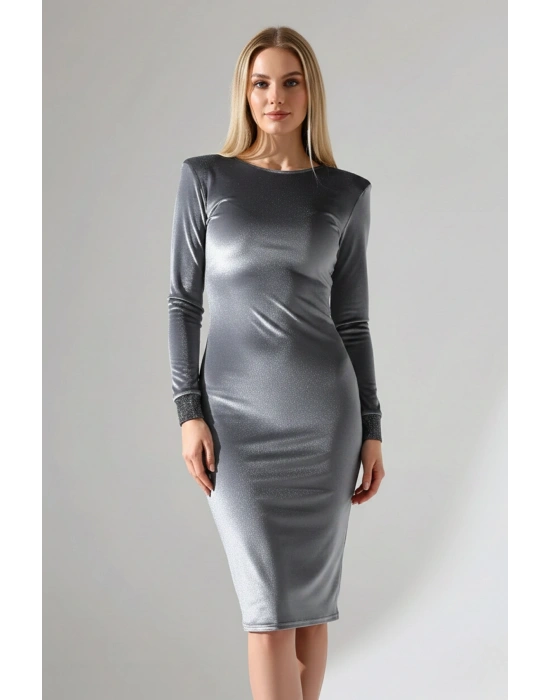 Kadın Vatkalı Drapeli Kadife Bileği Simli Manşet Detaylı Midi Elbise