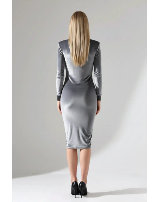 Kadın Vatkalı Drapeli Kadife Bileği Simli Manşet Detaylı Midi Elbise