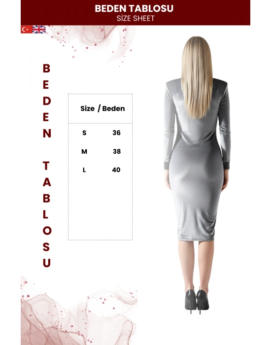 Kadın Vatkalı Drapeli Kadife Bileği Simli Manşet Detaylı Midi Elbise