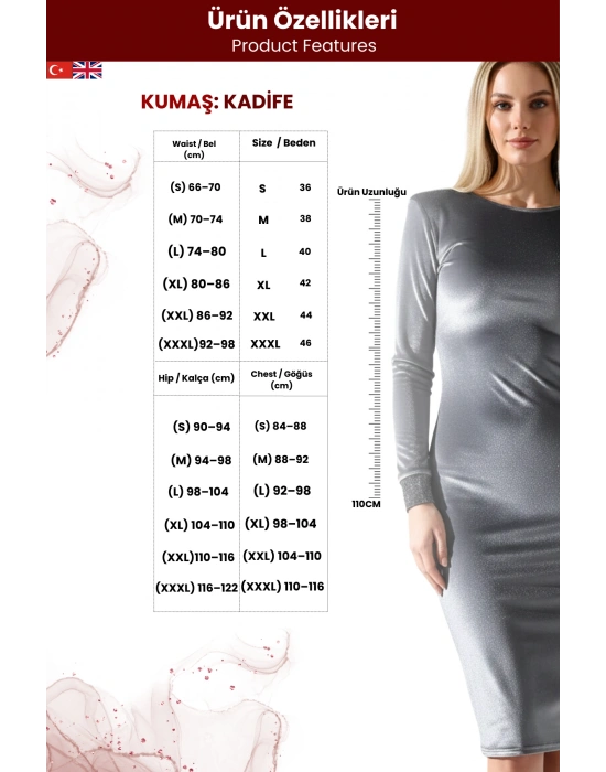 Kadın Vatkalı Drapeli Kadife Bileği Simli Manşet Detaylı Midi Elbise