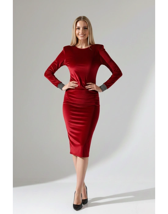 Kadın Vatkalı Drapeli Kadife Bileği Simli Manşet Detaylı Midi Elbise