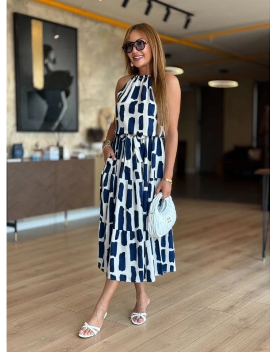 Kadın Viskon Kumaş Ip Askılı Halter Yaka Cepli Midi Boy Elbise