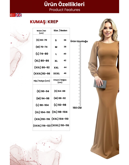 Kadın  Vücudu Saran Balon Kol Balık Kesim Uzun Abiye Elbise