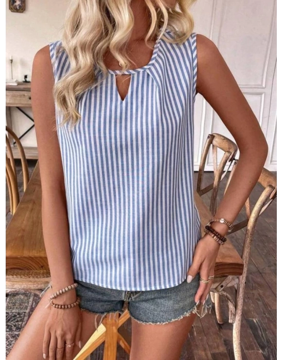 Kadın Yaka Detaylı Sıfır Kol Pamuk-Polyester Kumaş Bluz