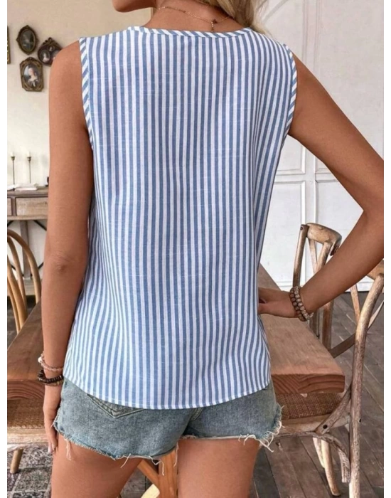 Kadın Yaka Detaylı Sıfır Kol Pamuk-Polyester Kumaş Bluz