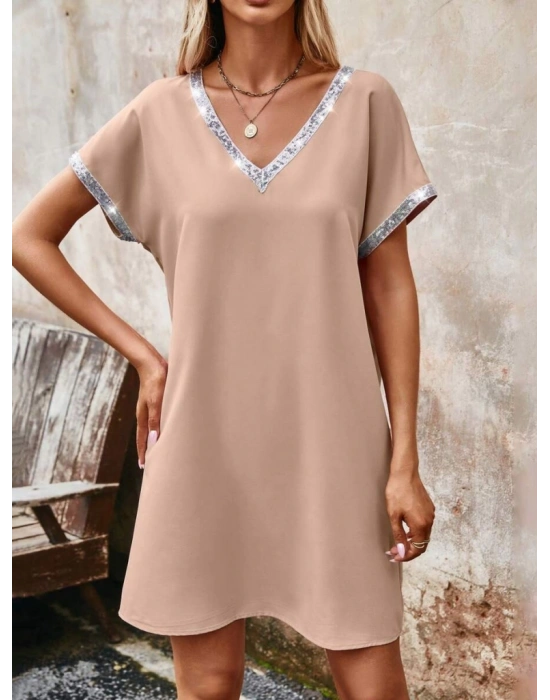 Kadın Yaka Ve Kol Pul Payet şeritli Ithal Krep Elbise