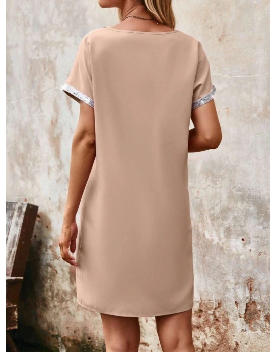 Kadın Yaka Ve Kol Pul Payet şeritli Ithal Krep Elbise