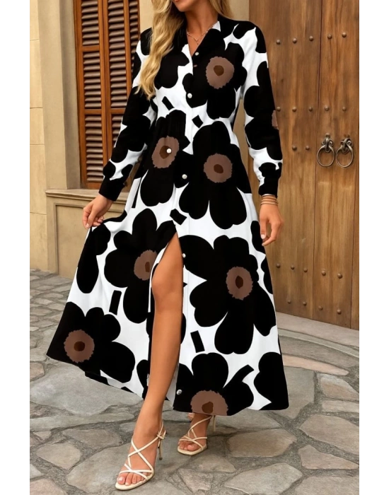 Kadın Yakalı önden Düğmeli çiçek Desenli Uzun Süprem Elbise