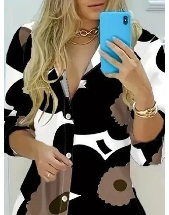 Kadın Yakalı önden Düğmeli çiçek Desenli Uzun Süprem Elbise