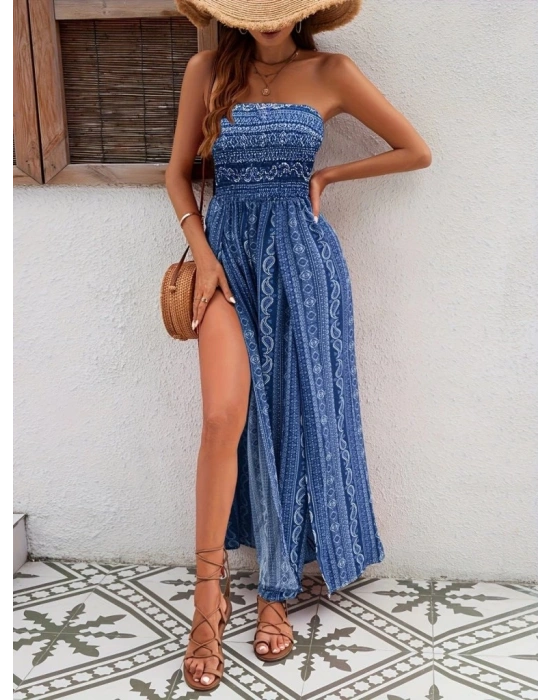 Kadın Yakası Gipe Detaylı önden Yırtmaç Detaylı Desenli Süprem Pantolunetek Tulum