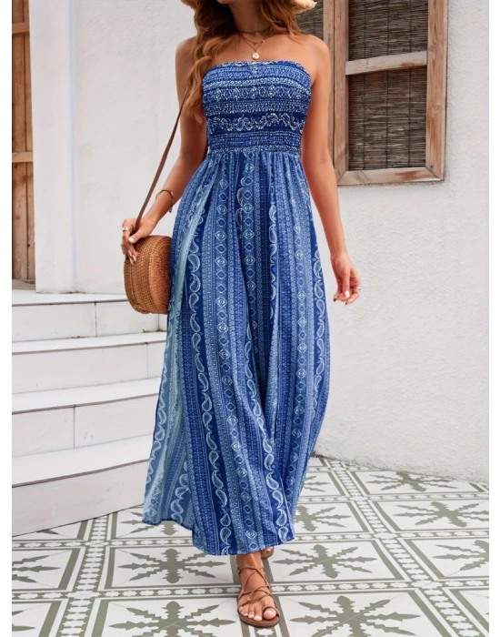 Kadın Yakası Gipe Detaylı önden Yırtmaç Detaylı Desenli Süprem Pantolunetek Tulum