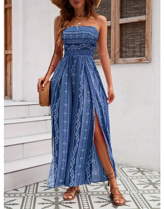 Kadın Yakası Gipe Detaylı önden Yırtmaç Detaylı Desenli Süprem Pantolunetek Tulum