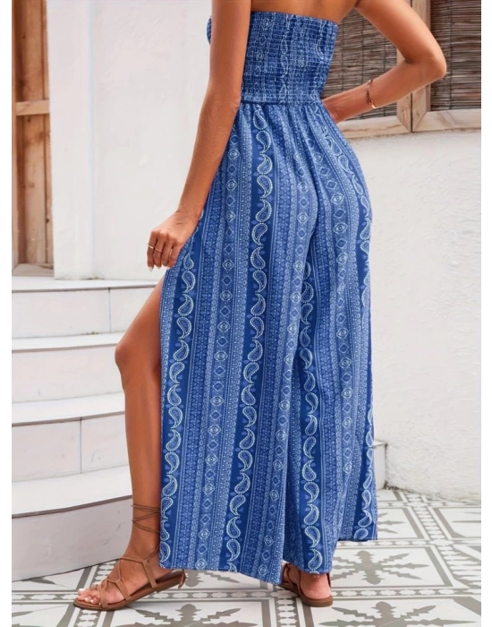 Kadın Yakası Gipe Detaylı önden Yırtmaç Detaylı Desenli Süprem Pantolunetek Tulum