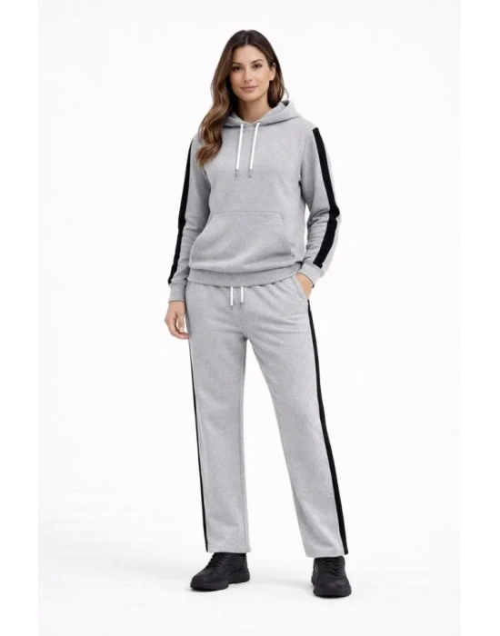 KADIN Yandan Şeritli Eşofman Takım Kapüşonlu Sweatshirt Boru Paça Alt, Oversize 3 Iplik Pamuklu - Gri