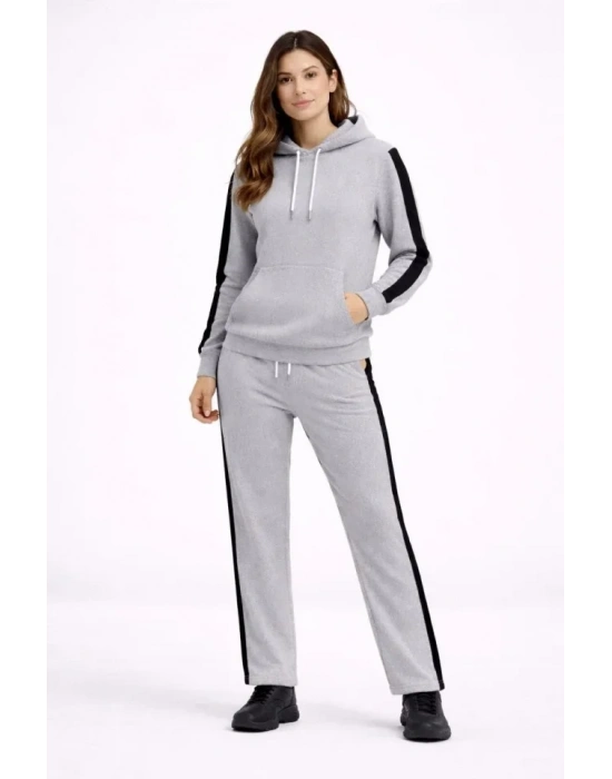 KADIN Yandan Şeritli Eşofman Takım Kapüşonlu Sweatshirt Boru Paça Alt, Oversize 3 Iplik Pamuklu - Gri
