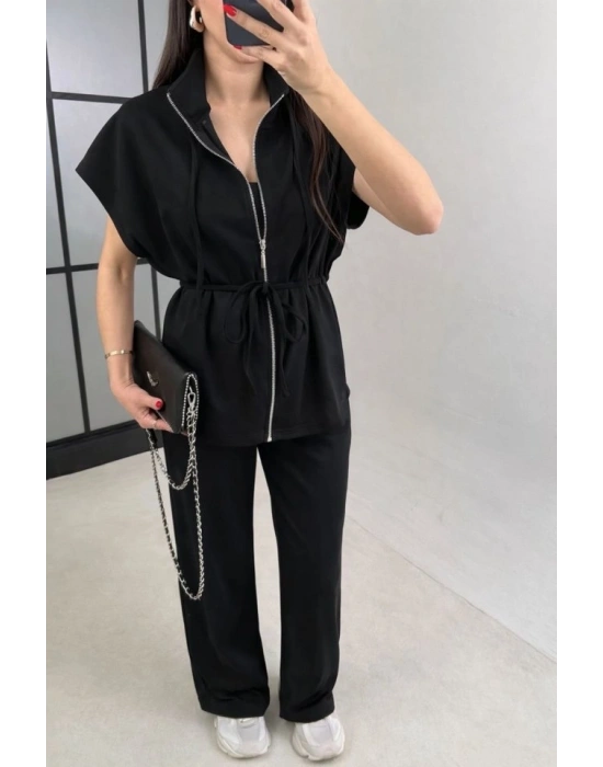 Kadın Yarasa Kol Fermuar Ve Lastikli Bağcık Detay Ceket Pantolon Ikili Takım