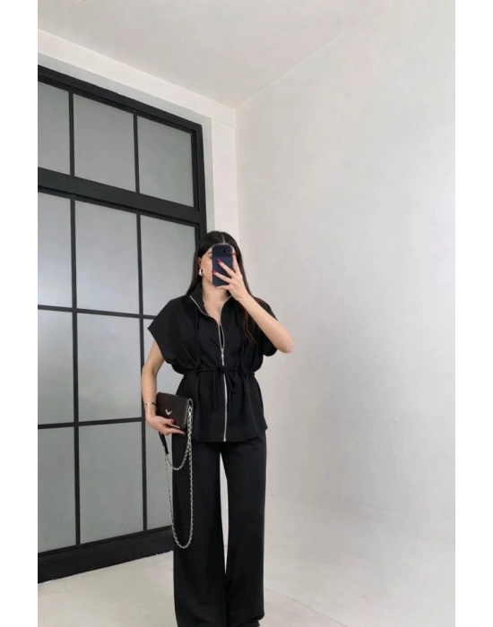 Kadın Yarasa Kol Fermuar Ve Lastikli Bağcık Detay Ceket Pantolon Ikili Takım