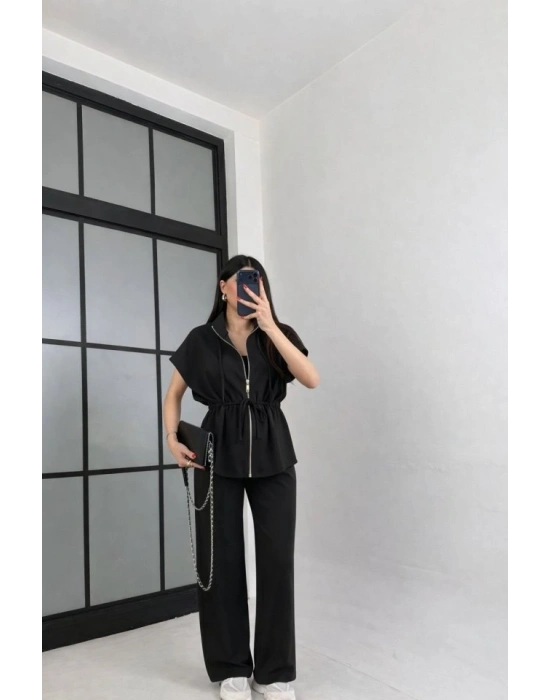 Kadın Yarasa Kol Fermuar Ve Lastikli Bağcık Detay Ceket Pantolon Ikili Takım