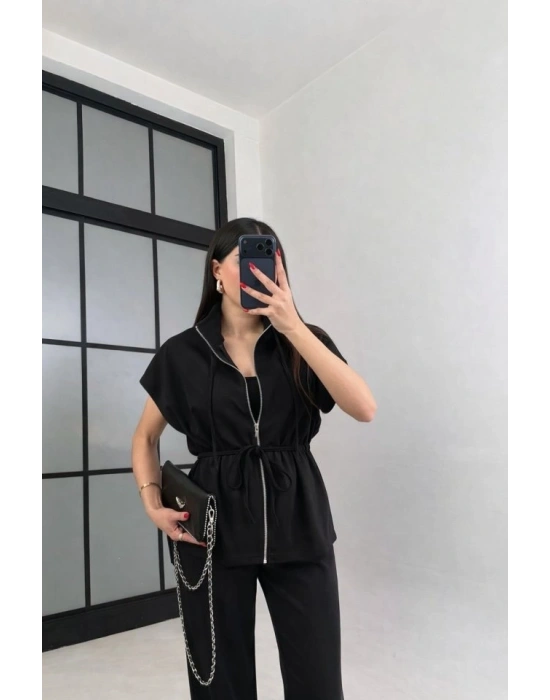 Kadın Yarasa Kol Fermuar Ve Lastikli Bağcık Detay Ceket Pantolon Ikili Takım