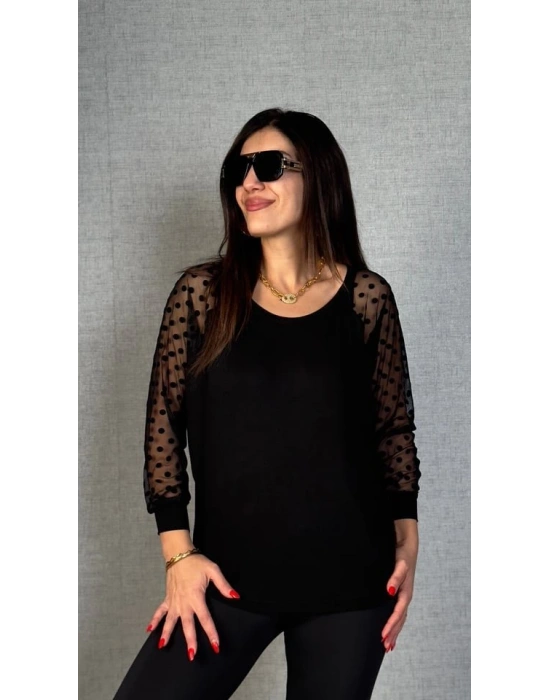 Kadın Yarasa Kol Puantiyeli Tül Detay Bluz
