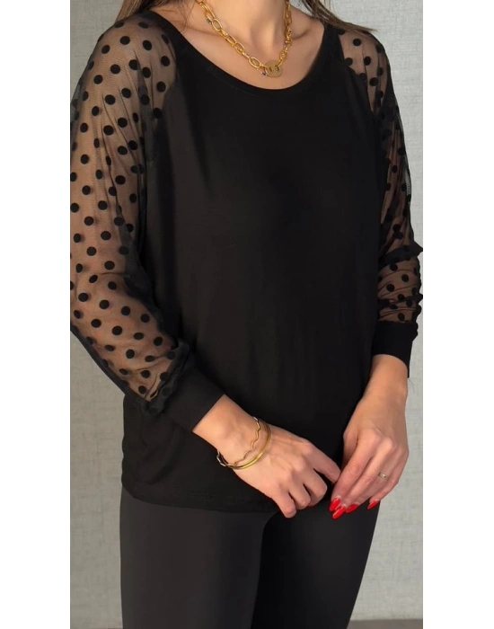 Kadın Yarasa Kol Puantiyeli Tül Detay Bluz
