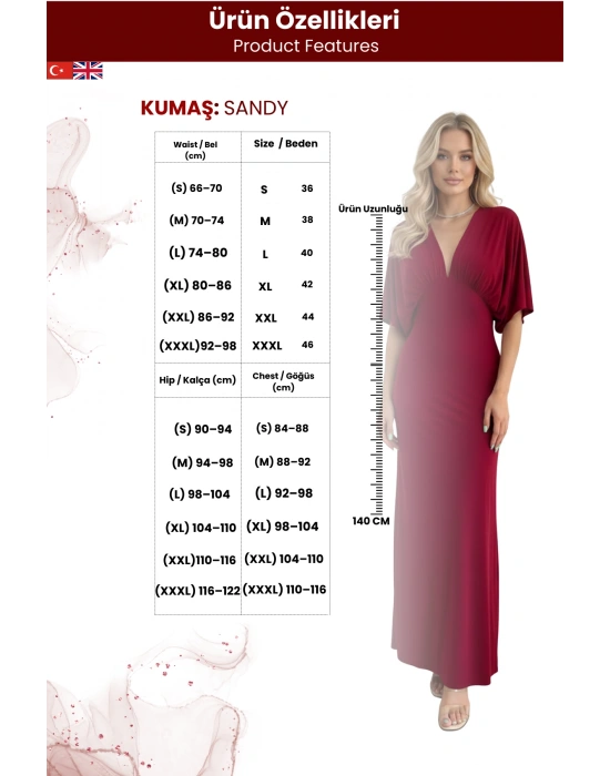 Kadın Yarasa Kol Sandy Kumaş Uzun Yırtmaç Detay Elbise