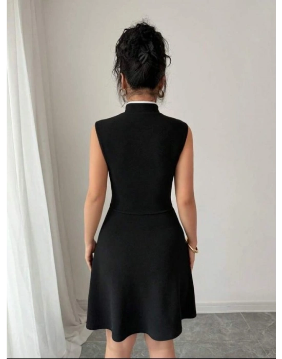 Kadın Yarım Balıkçı Yaka Pencere Dekolte Ve çift Renk Detay Mini Elbise