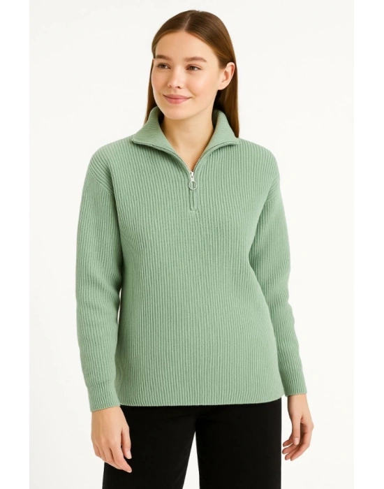 KADIN Yarım Fermuarlı Triko Kazak – Selanik Örgü, Dik Yaka, Pamuklu Dokuma, Oversize Uzun Kollu Kışlık Model - Mint Yeşili