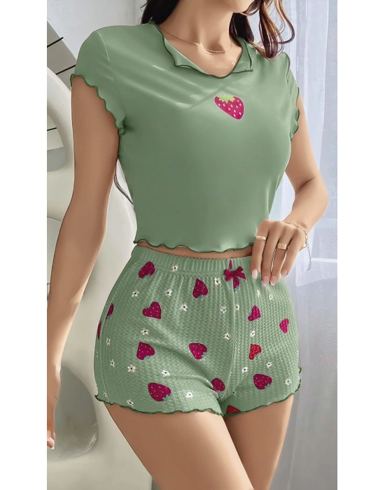 Kadın Yeşil Çilek Desenli Askılı Şortlu Pijama Takım 5004