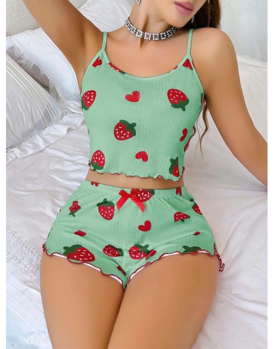 Kadın Yeşil Çilek desenli Şortlu Pijama Takımı 5060