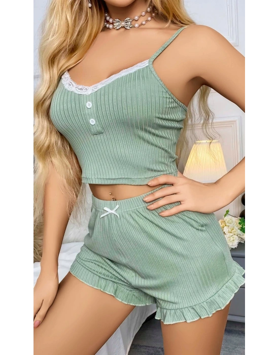Kadın Yeşil Dantel Detaylı Şortlu Gecelik Pijama Takımı 5014