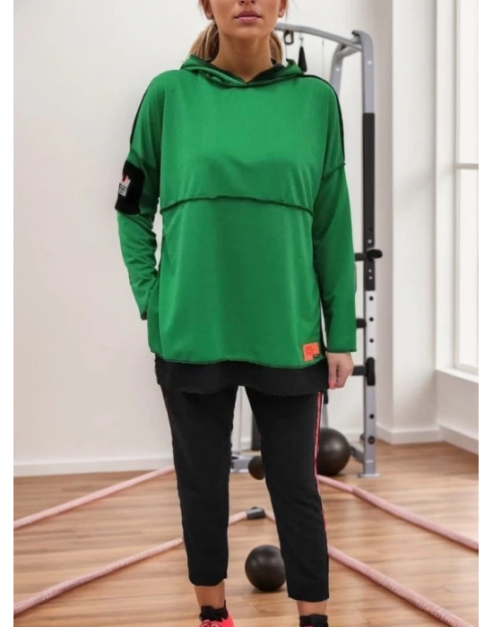 Kadın Yeşil Kapşonlu Etek Ucu Detay Arma Ters Dikiş Gorunumlu Ikili Takım