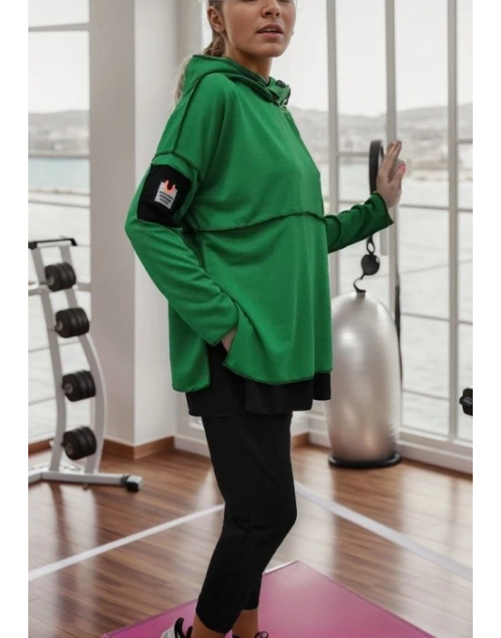 Kadın Yeşil Kapşonlu Etek Ucu Detay Arma Ters Dikiş Gorunumlu Ikili Takım