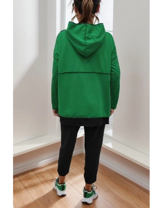 Kadın Yeşil Kapşonlu Etek Ucu Detay Arma Ters Dikiş Gorunumlu Ikili Takım