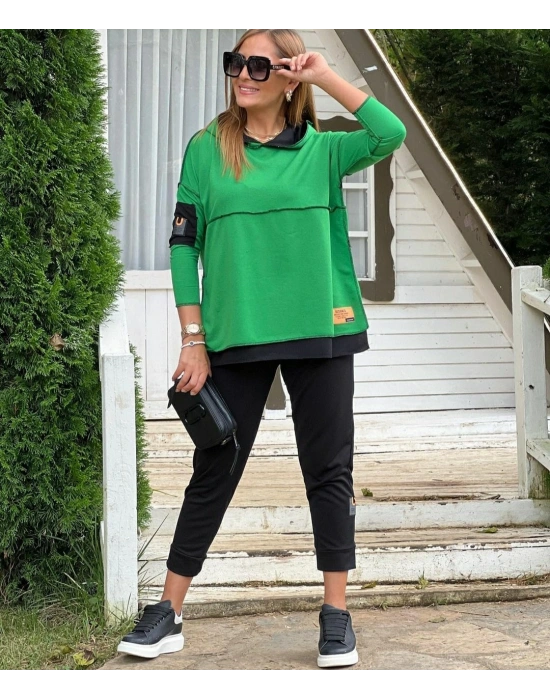 Kadın Yeşil Kapşonlu Etek Ucu Detay Arma Ters Dikiş Gorunumlu Ikili Takım