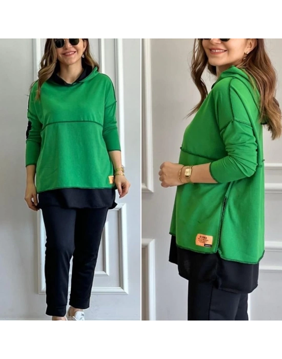 Kadın Yeşil Kapşonlu Etek Ucu Detay Arma Ters Dikiş Gorunumlu Ikili Takım